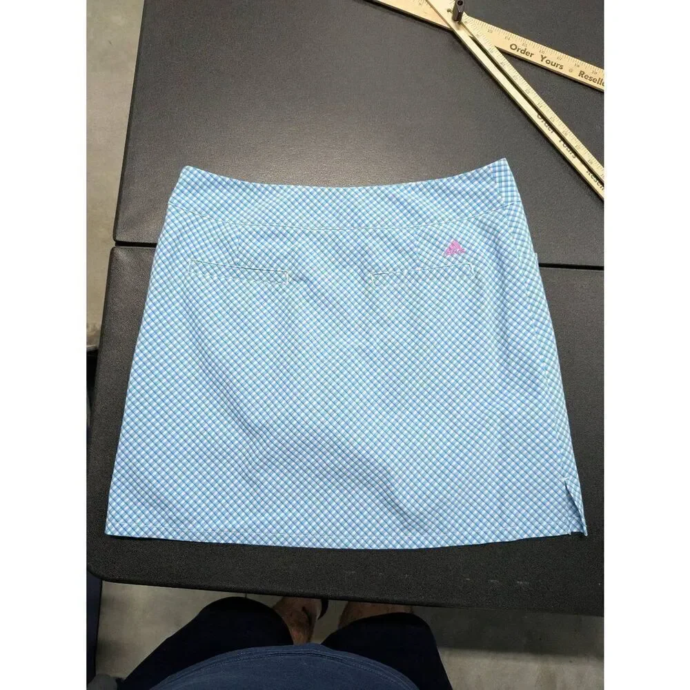 Adidas Athletic Golf Skort Skirt, Plaid Print, Blue White Women's Size 8